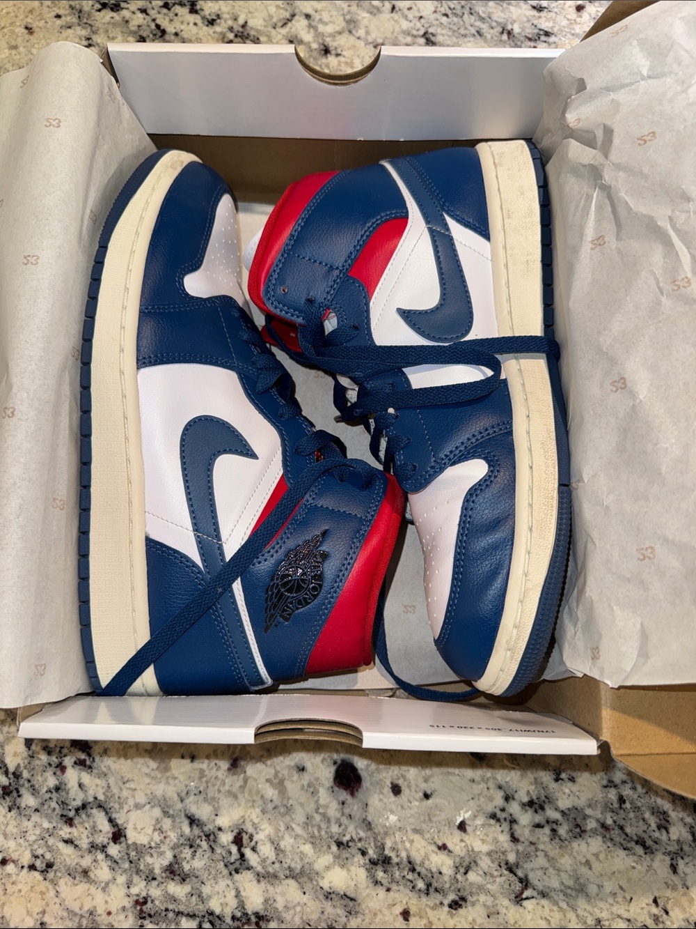 Women’s Nike Air Jordan 1 Mid Retro Style High-Top Sneakers in White, Navy & Red